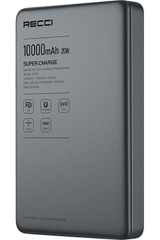 Recci Rp35 Pd 20w Led Göstergeli Hızlı Şarj Özellikli Wireless Powerbank 15w 10000mah Gri