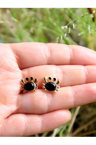 Esha Store Doğal Taş Oniks Doğal Taşlı Yengeç Altın Kaplama Kadın Küpe Euk21o Siyah