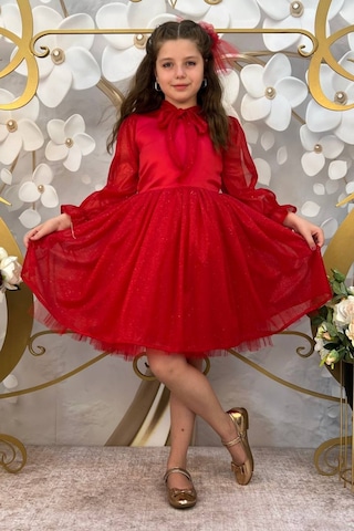 Kırmızı Tül Etekli Simli Çocuk Elbise 001