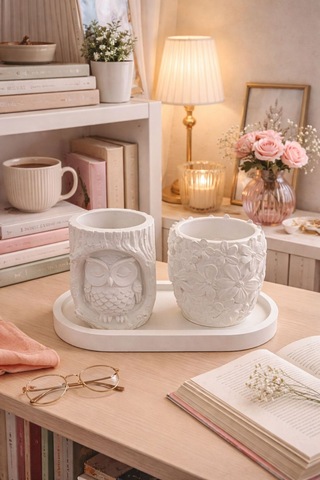 Baykuş & Çiçek Kabartmalı Dekoratif Kalemlik Makyaj Fırçalık Seti Tepsili
