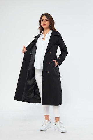 %100 Pamuk Ekstra Uzun 120cm Kruvaze Kadın Trençkot 1121 Siyah