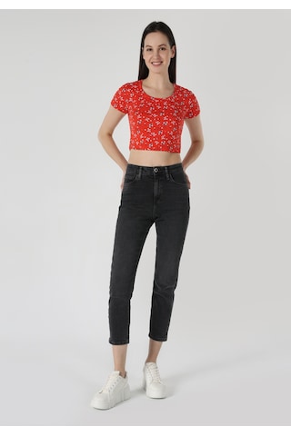 Colins Slim Fit Yuvarlak Yaka Çiçekli Kadın Kirmizi Kısa Kol Tişört Cl1063447 Q1.v2 Crl MERCAN