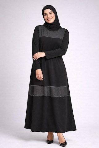 Hira Life Fashion Kadın Önü Desenli Taş Detaylı Düz Tessetür Elbise Siyah Siyah