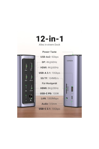 Macos Ve Windows İçin Ugreen Usb C Bağlantı İstasyonu Üçlü Ekran, 2hdmı Dp 4k 60hz, 10gbps Usb Veri Bağlantı Noktaları, Pd 100w, Ethernet, Ses, Sd/tf, Apple Uyumlu Macbook, Surface, Lenovo, Dell, Hp Vb. İçin 12 In 1 Dock.
