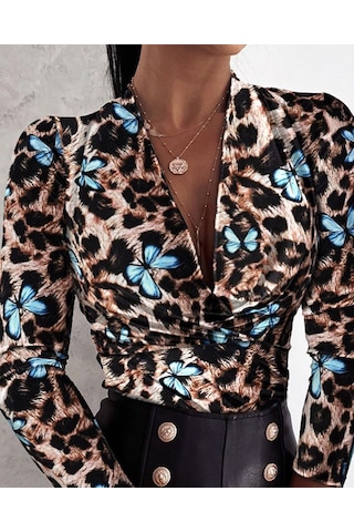 Sensuelle Kadın Uzun Kollu Kruvaze Yakalı Kelebek Desenli Şardonlu Dalgıç Bluz LEOPAR