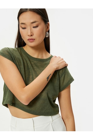 Koton Crop Tişört Kısa Kollu Slim Fit Bisiklet Yaka Haki 4sak50020ek 4SAK50020EK876 Haki