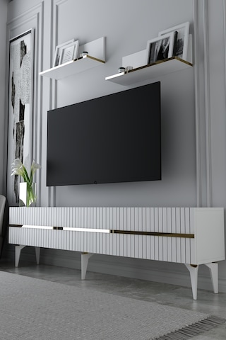180dhdtrü5ba Tedy Lazer Pleksi Desenli Raflı Tv Sehpası Ünitesi Beyaz-altın