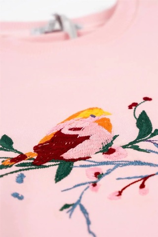 Kız Çocuk Pembe Uzun Kollu Kuş Nakış Detaylı Kışlık Sweatshirt Pembe