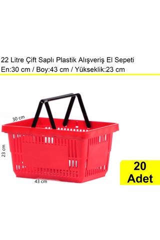 Plastik Alışveriş El Sepeti Çift Saplı 22 Litre Kırmızı 20 Adet / En:30 Boy:43 Yükseklik:22 Cm Kırmızı