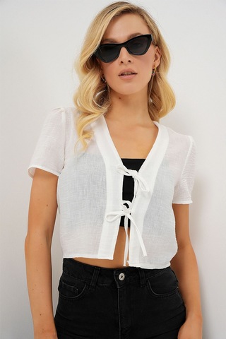Hiccup Bdart Dokulu V-yaka Keten Karışımlı Crop Top Beyaz