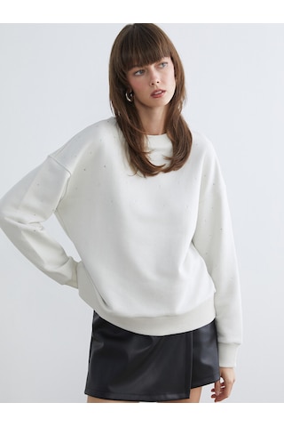 Lcw Vision Bej Bisiklet Yaka Taşlı Oversize Kadın Sweatshirt