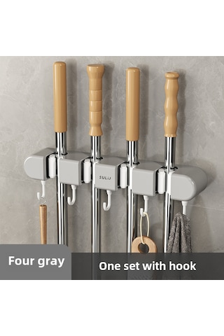 Geeroyoo Duvar Takılı Dört Klipsli Gri Süpürge Tutucu - Delme Yok Yapıştırıcı Montajlı, Ev Ve Ofis İçin Çok Fonksiyonlu Temizlik Gereçleri Depolama Rafı Diğer