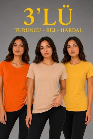 Hazego 3 Lü Kısa Kollu Bisiklet Yaka Basic Slim Fit T-shirt - Turuncu - Bej - Hardal Çok Renkli