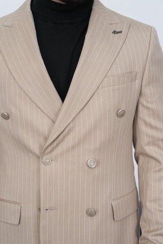 Dupont Classics Dupont Slim Fit Sivri Yaka 6 Drop Çift Yırtmaç Çizgili Viskon Kruvaze Erkek Takım Elbise Koyu Bej