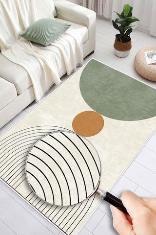 Art Deco Modern Desen Sanat Temalı Dijital Baskılı Kaymaz Taban Yıkanabilir Salon Halısı Yolluk Yeşil