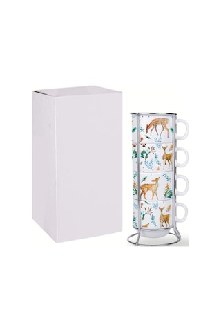 Deepcraft Stantlı 4'lü Fincan Seti Çıkmaz Baskılı Ceylan Desenli 4 Adet Fincan Seti 190 Ml Beyaz