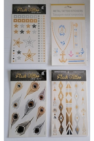 Altın Yaldızlı Geçici Dövme 4 Adet Birden Model5 Altın