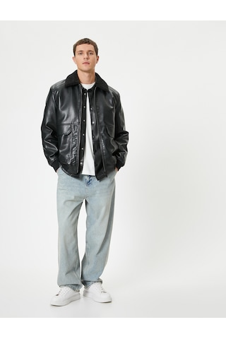 Koton Suni Kürklü Deri Ceket Cepli Slim Fit Siyah 5wam20081hw Siyah