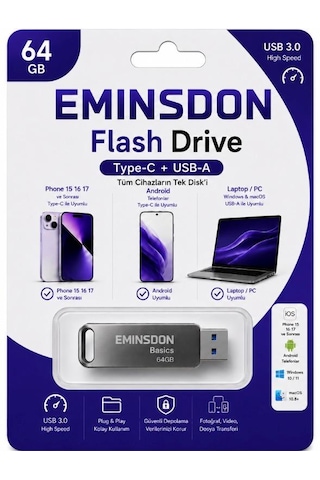 64gb Flash Bellek Android Iphone15 Ve Sonrası Type-c Telefon Bilgisayar Tablet Uyumlu Usb3.0 Usb & Type-c