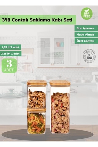 3 Lü Erzak Saklama Kabı Seti Bpa Free Hava Almaz Bambu Desenli Şeffaf