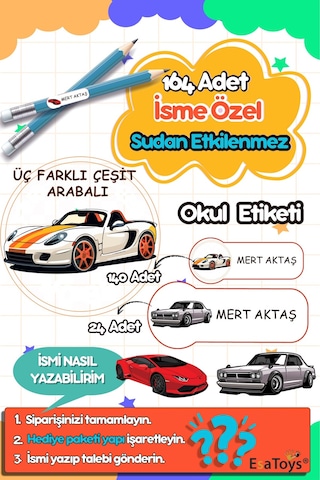 Yarış Arabası Temalı Özel İsminiz Yazılı Okul Etiketi Diğer