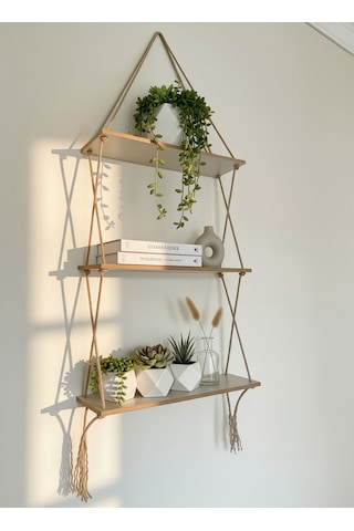 Aruat Ahşap Dekoratif Tasarım Özel İşlemi 3 Lü Halatlı Raf Kitaplık Ahşap - Beyaz