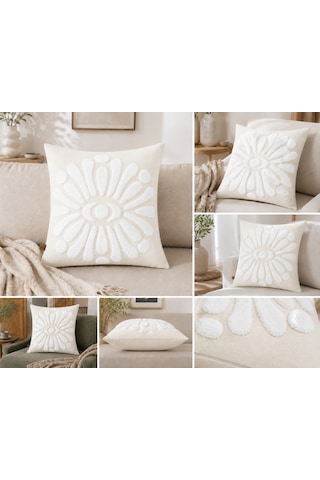 Flora 43x43 Cm Dekoratif Kırlent Kılıfı Kabartmalı Çiçek Desenli Modern Koltuk Yastık Kılıfı Krem