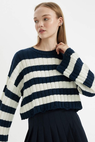 Defacto Regular Fit Çizgili Bisiklet Yaka Crop Triko Kazak A8152ax24wnnv135 Lacivert