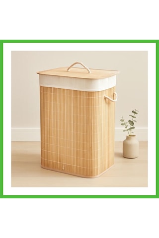 Vaveni Bambu Kirli Çamaşır Sepeti 40x30x60 Cm - Kapaklı İpli Kumaş Torbalı Arz