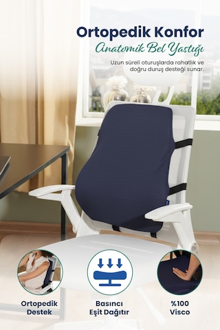 Anatomik Ortopedik Visco Bel Destek Yastığı Kilitli Sabitleme Lastiği, Ofis, Araba Lacivert