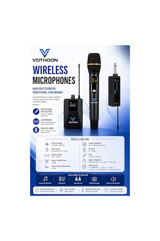 Mikrofon Seti Uhf Çift Kanal Profesyonel El Mikrofonu 50-80m Menzil