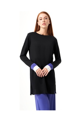 Mizalle Kol Piliseli Rayon Triko Siyah-mürdüm Tunik Siyah