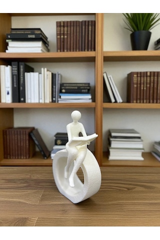 Kitap Okuyan Figür Biblo 15 Cm Beyaz Minimalist Kitaplık Dekoru