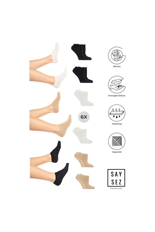 Saysez Bambu Kadın Sneaker Siyah-beyaz-bej Çorap Dikişsiz Görünmez Bilekte Spor Çorap Premium 6'lı Paket Renkli