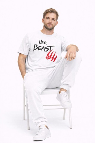 Sevgili Kombini Her Beast His Beauty Oversize Çift Tişört Unisex Beyaz