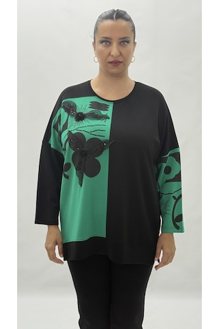 Büyük Beden Taşlı Çiçek Detaylı Uzun Kol Oversize Kadın Bluz Yeşil