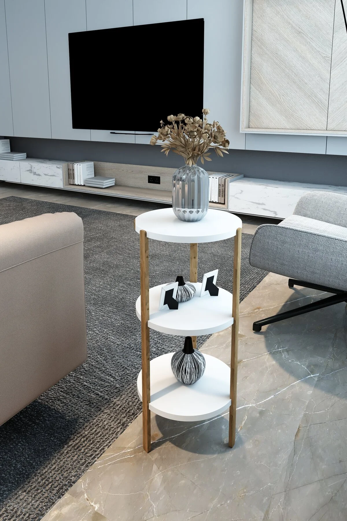 Miray 3 Raflı Yuvarlak Ahşap Sehpa / Çok Amaçlı Kullanım / Yüksek Kalite, Şık Tasarım Beyaz