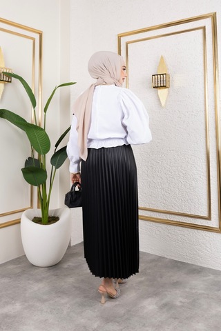 Hira Life Fashion Kadın Tesettür Giyim Ve Deri Görünümlü Beli Lastik Detayı İle Piliseli Uzun Etek Siyah Siyah
