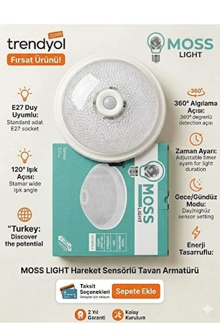 Moss Light Vip Aydınlatma / Sensörlü Tavan Armatürü E27 Plastik Kasa Beyaz