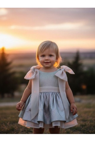 Zekids Kız Çocuk Omuzları Fiyonk Detaylı Simli Katkat Tasarım Abiye Elbise-16360 Bej