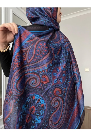 Modakaşmir Aminenesil Etnik Desen Soft Pamuk Şal Saks Mavisi Kırmızı Renk Açık Saks Mavi