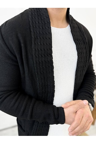 Elku Moda Hırka Örgülü Şal Yaka Cepli Tüylenmez Örgü Triko Hırka Siyah