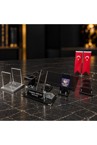 Ofis Prestij 13 Parça Silver Denge Toplu Kristal Kişiye Özel İsimlik Ve Sümen Seti Siyah - Gümüş