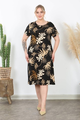 Kadın Siyah Vizon Floral Desen Midi Elbise Siyah