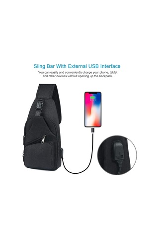 Erkek Omuz Çantası, Usb Şarj Portu Ve Kulaklık Portu Olan Siyah Göğüs Çantası, Unisex Seyahat Sırt Çantası Qd