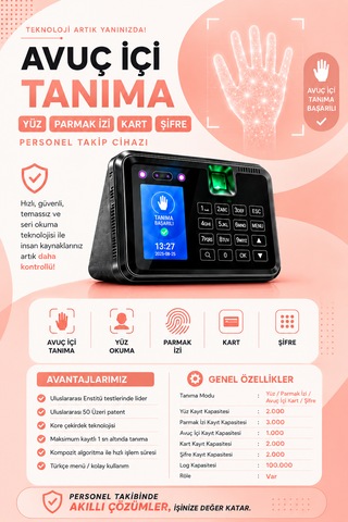 Avuç Okuma-yüz Okuma-parmak İzi Okuma Ve Kartlı Personel Kontrol Cihazı -giriş-çıkış Yazılımı Ve 15 Kart Hediye