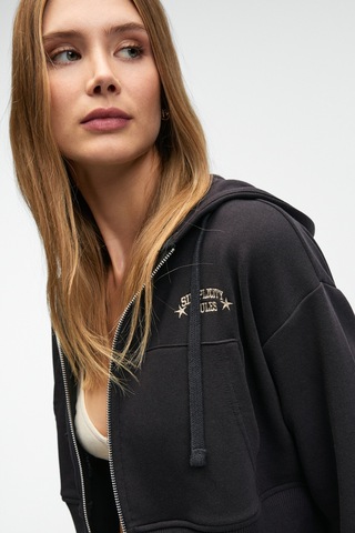 Grımelange Elara Kadın Metal Fermuarlı Nakışlı Kapüşonlu Crop Antrasit Sweatshirt Antrasit