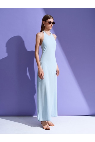 Dilvin 90586 %100 Lyocell Halter Yaka Elbise-mavi