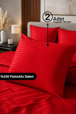%100 Pamuk Saten Çizgili Kapaklı Yastık Kılıfı 2'li Lüx Otel Kalitesi 50x70 Kırmızı