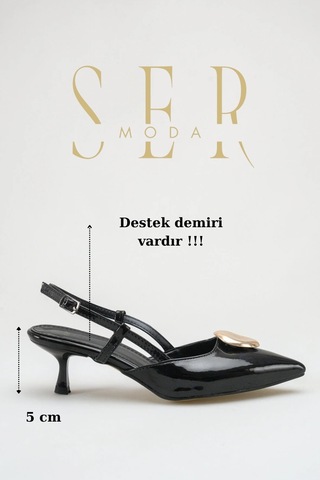 Sermoda Topuklu Kadın Ayakkabı - 5 Cm İnce Topuklu Sivri Burun Arka Açık Stiletto Ayakkabı Rugan Siyah